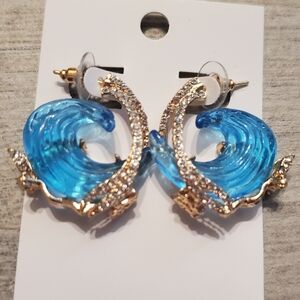 Blue and Gold Wave Beach Ocean Rhinestone Earrings